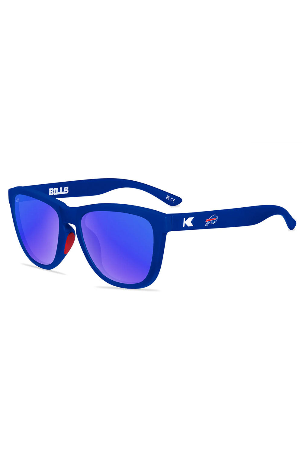 Blue sunglasses with a logo on a white background