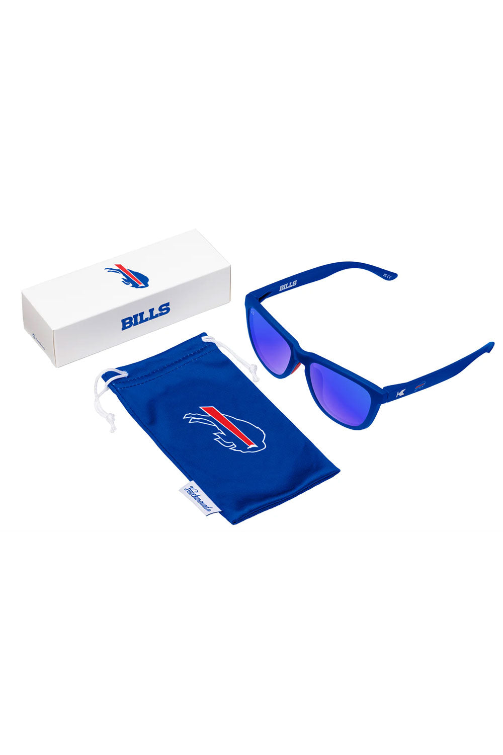 Blue sunglasses with Buffalo Bills logo and packaging on a white background