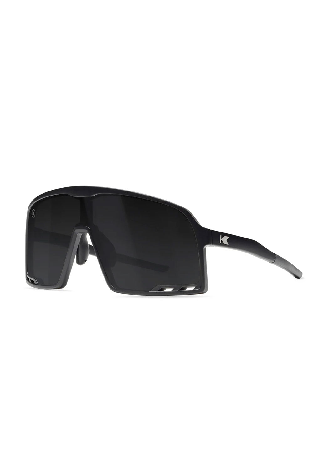 Black sunglasses with a reflective lens on a white background