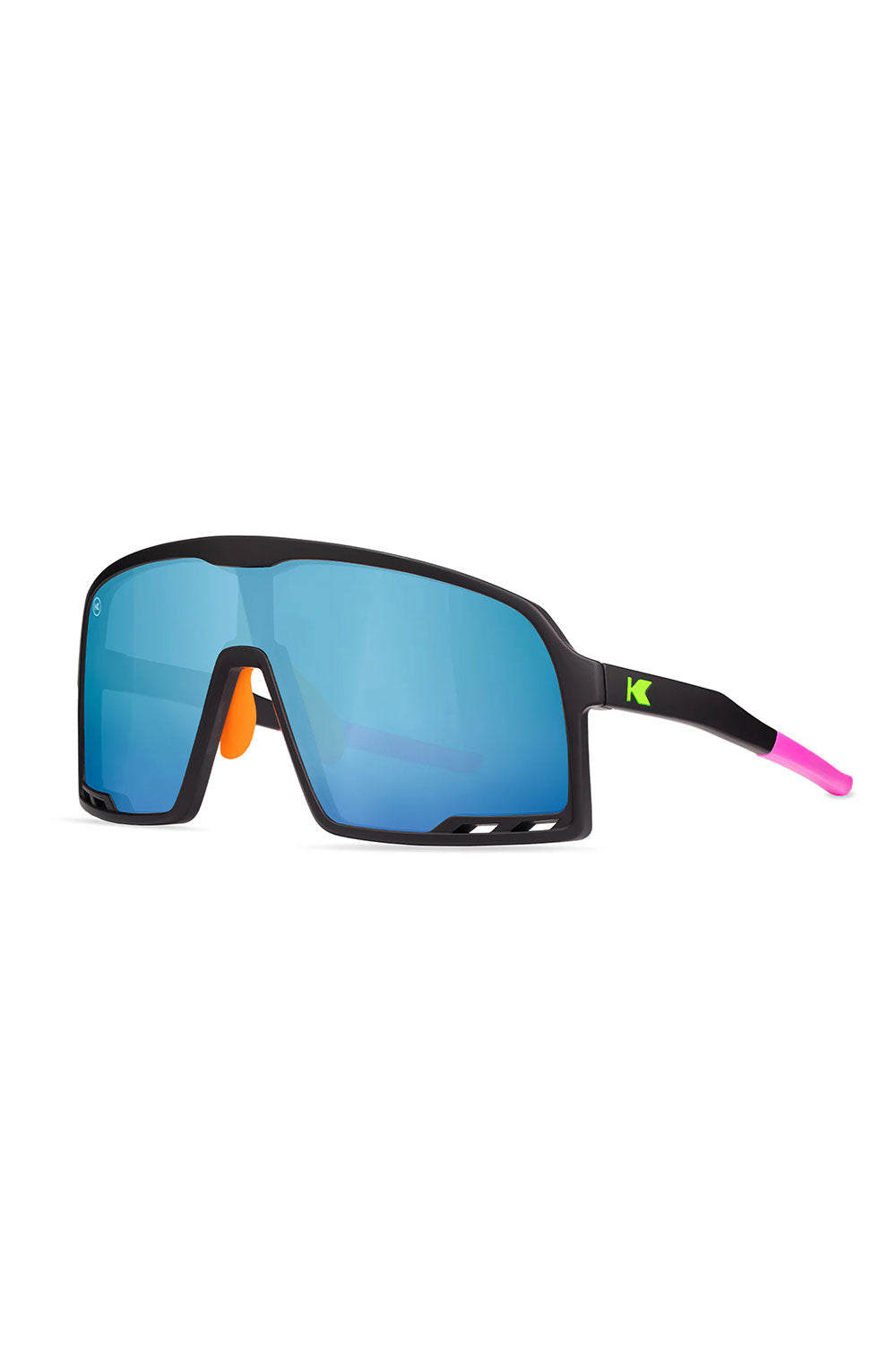 Sunglasses with blue lenses and black frame on a white background