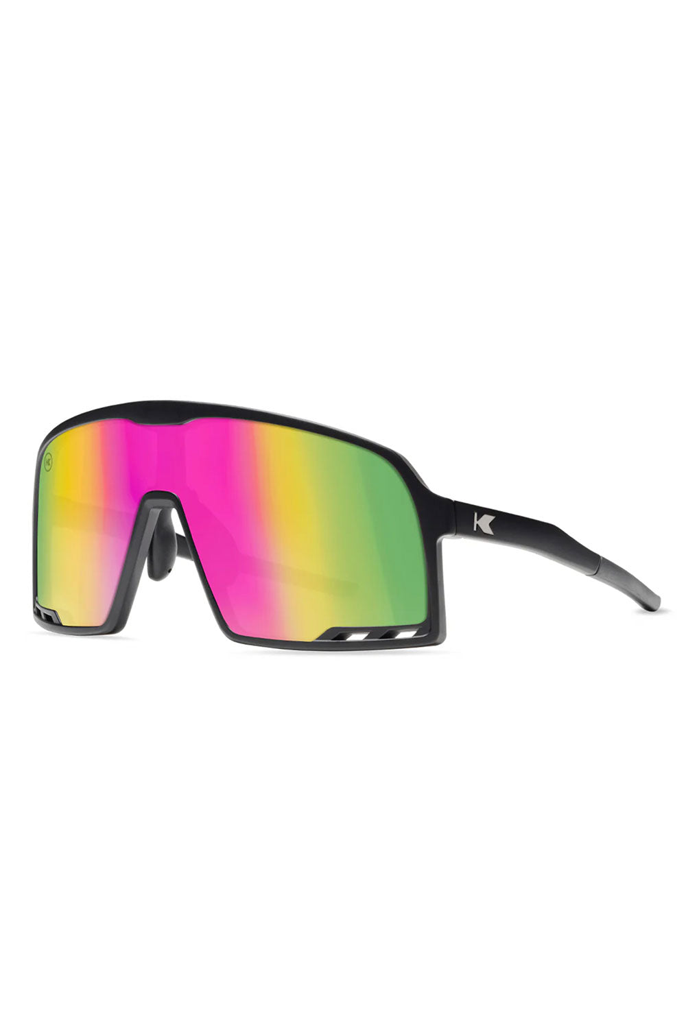 Sunglasses with colorful reflective lenses on a white background
