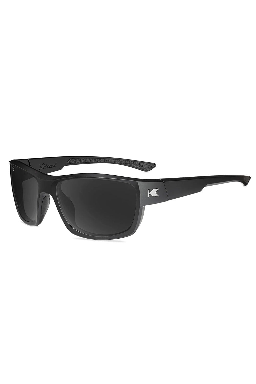 Black sunglasses with a brand logo on a white background