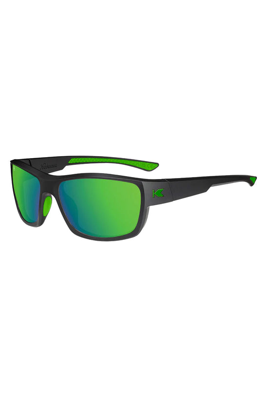 Sunglasses with green lenses and black frame on a white background