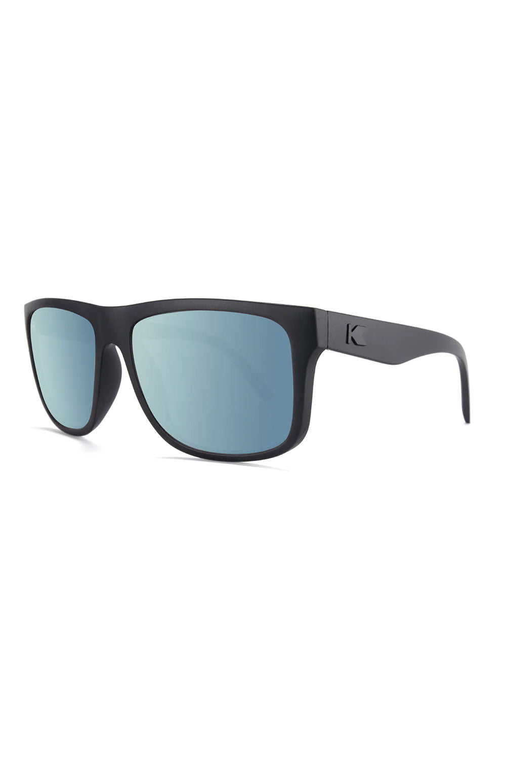 Black sunglasses with blue lenses on a white background