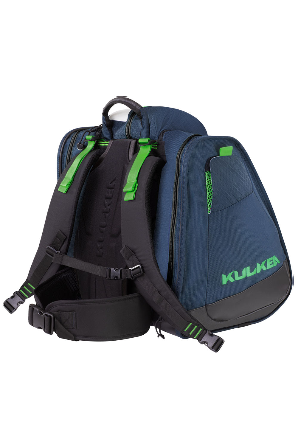 Blue and black ski boot backpack with green accents on a white background
