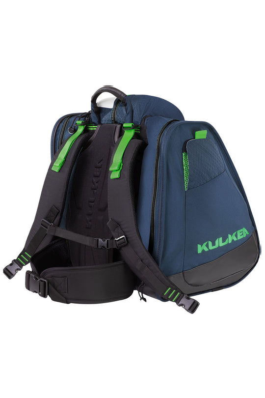 Blue and black ski boot backpack with green accents on a white background