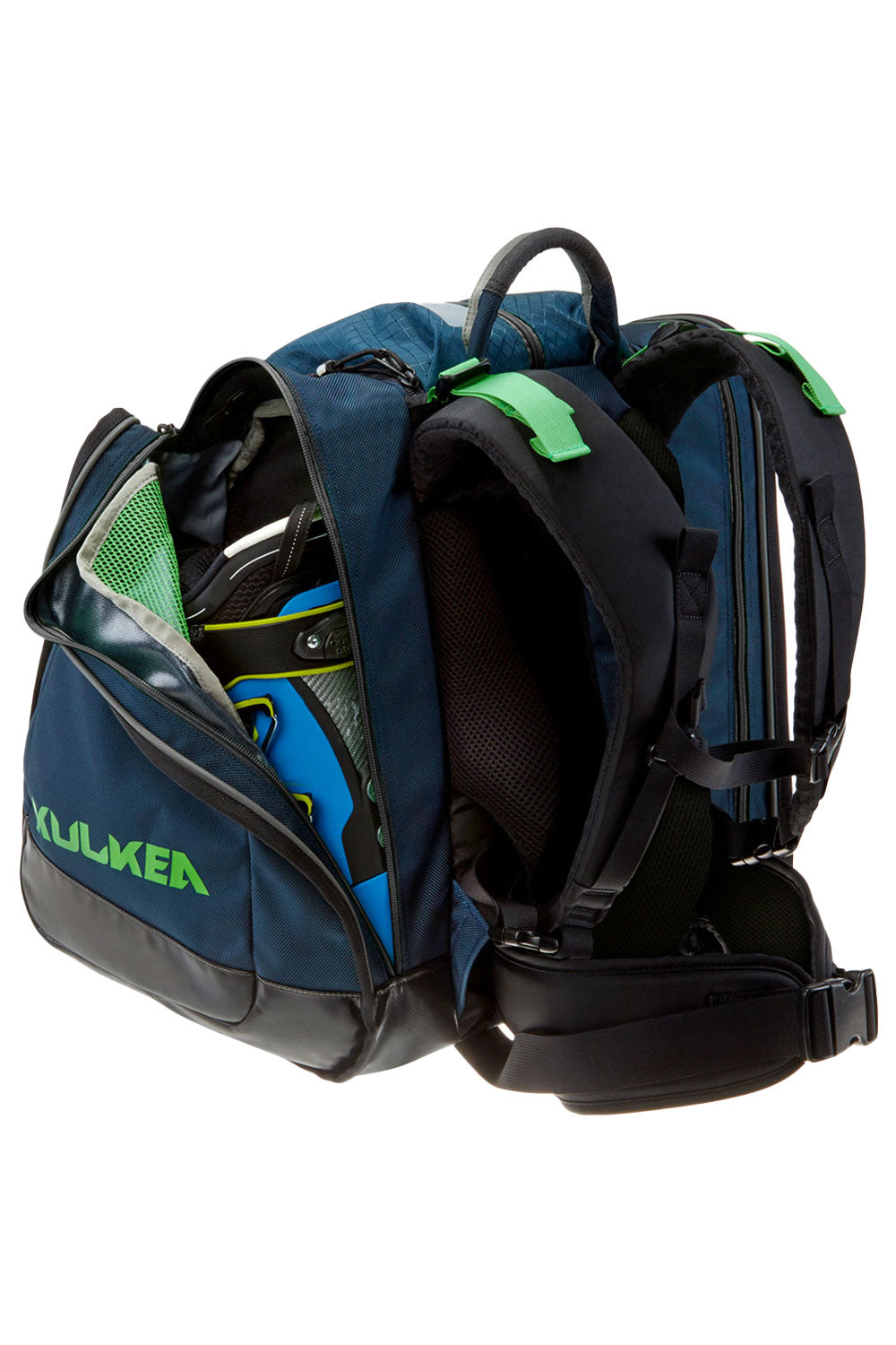 Blue and green ski boot backpack with visible brand logo on a white background