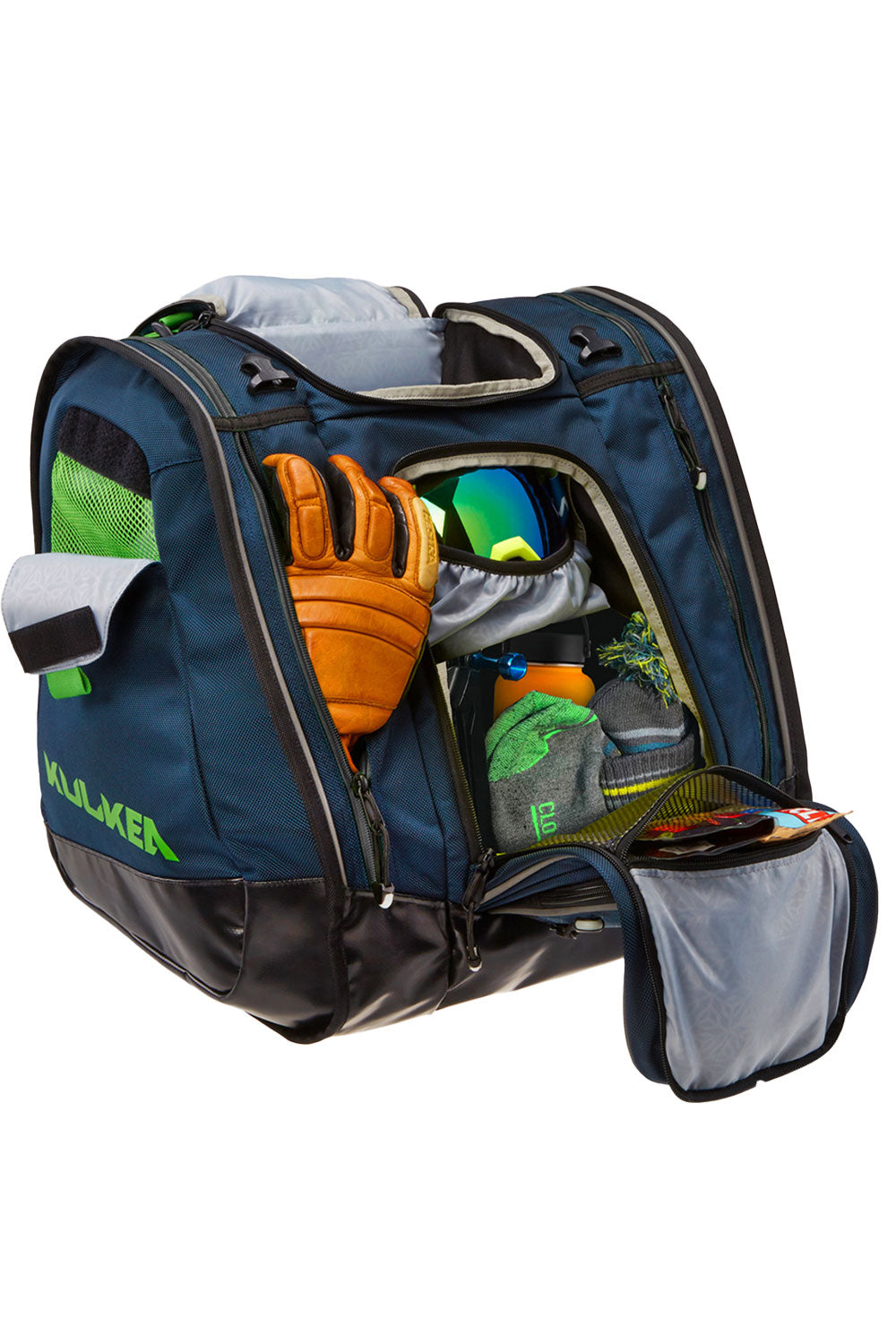 Blue ski boot bag with orange gloves, green goggles, and gray shoes on a white background