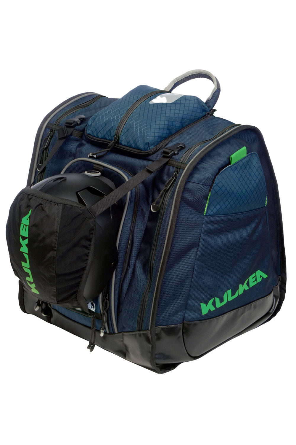 Blue and black ski boot backpack with green accents and 'Kulkea' branding on a white background