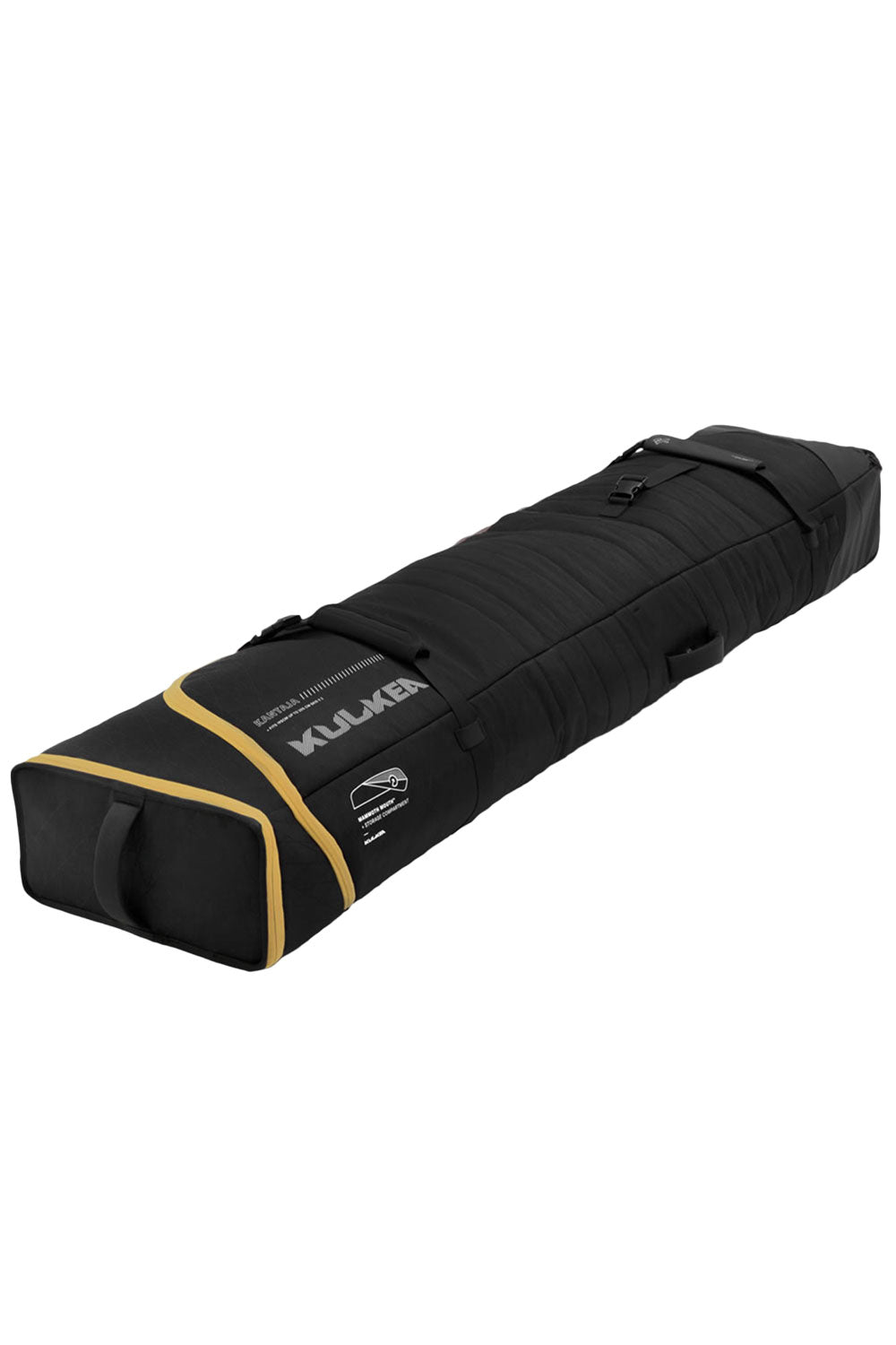 Black and gold travel ski bag with KULKEA branding on a white background