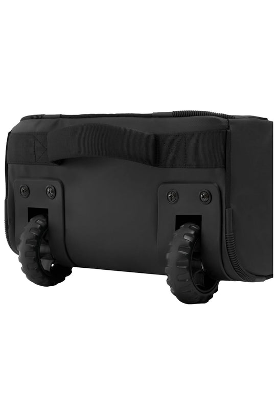 Black rolling suitcase on a white background