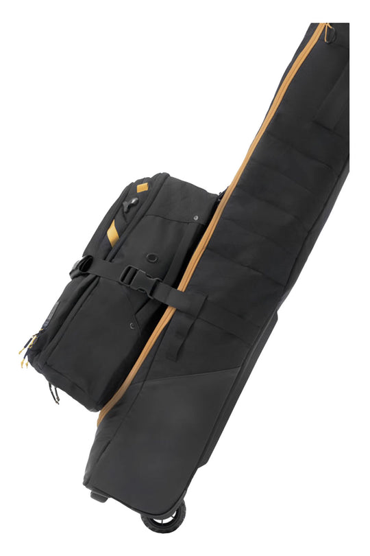 Black travel bag with wheels on a white background
