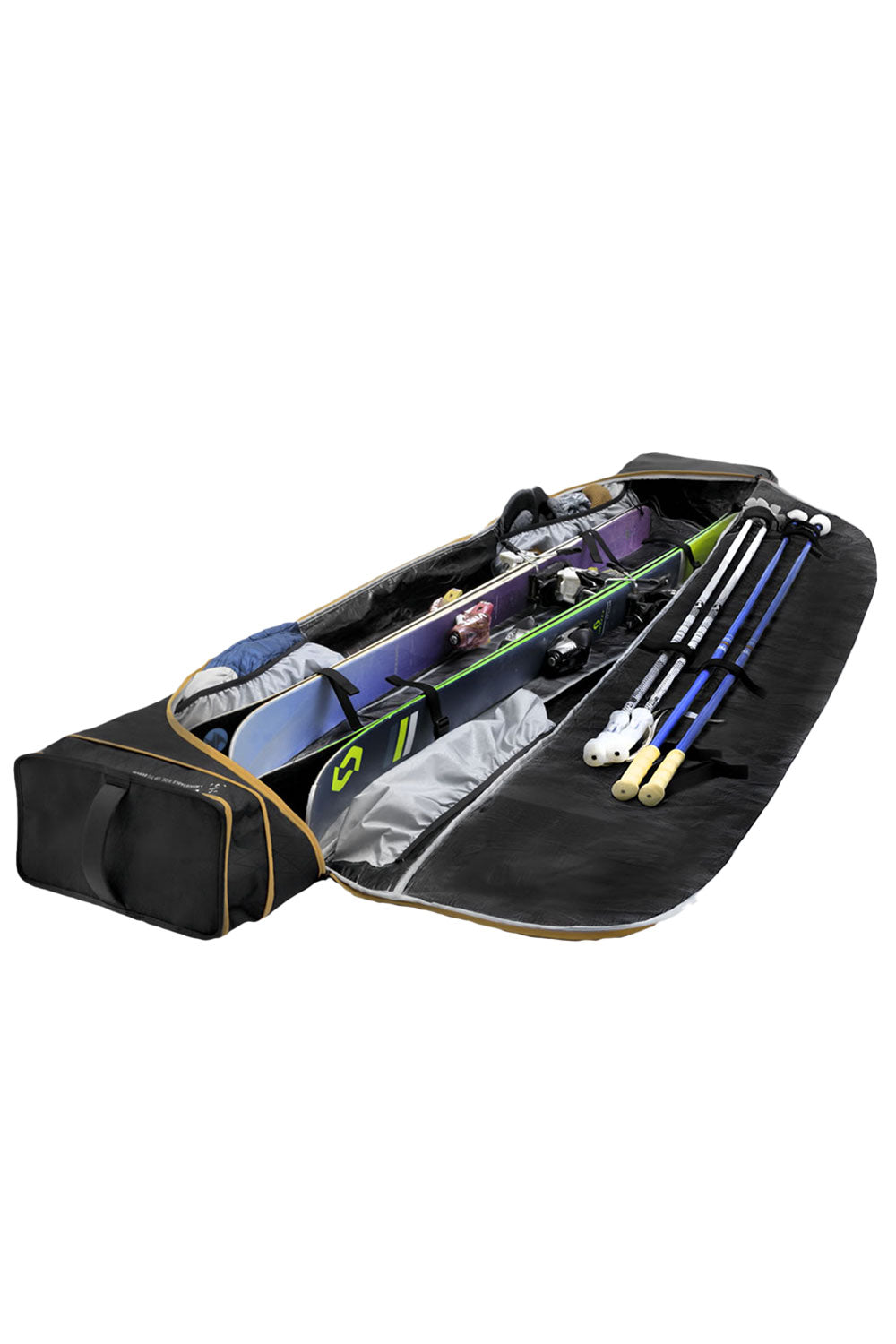 Black ski bag with skis and poles on a white background