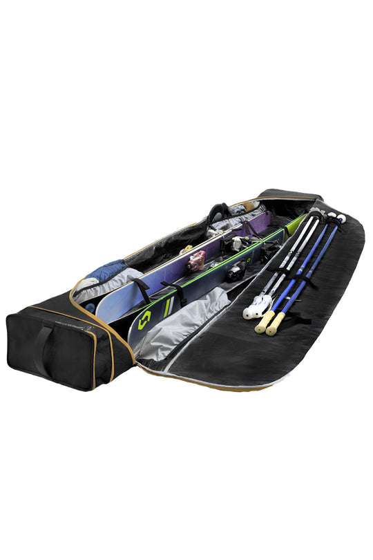 Black ski bag with skis and poles on a white background