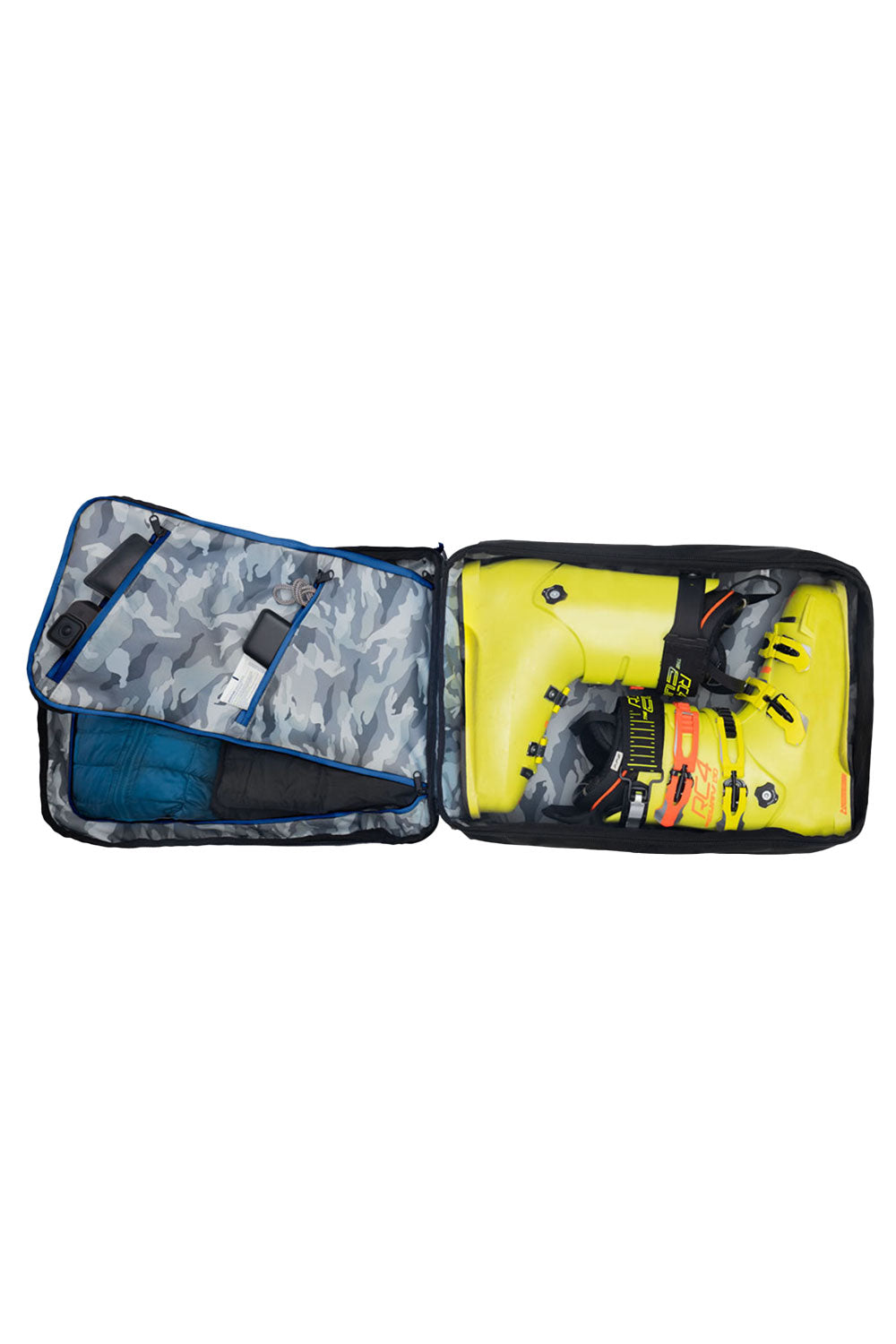Open travel case with compartments containing various items on a white background
