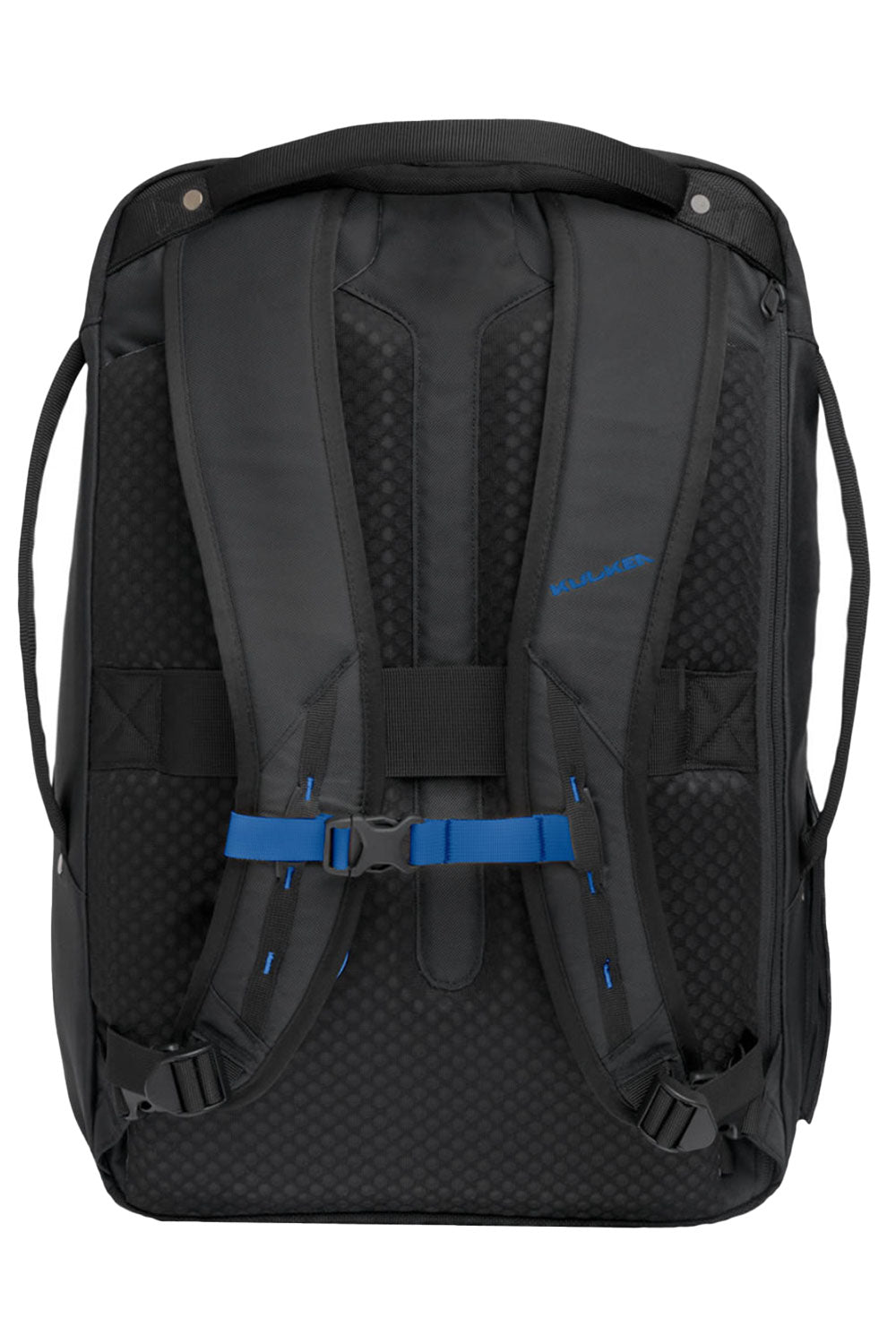 Black backpack with blue accents on a white background