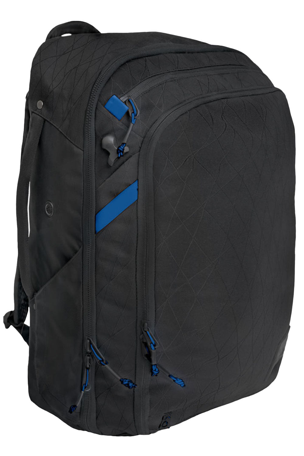 Black backpack with blue accents on a white background