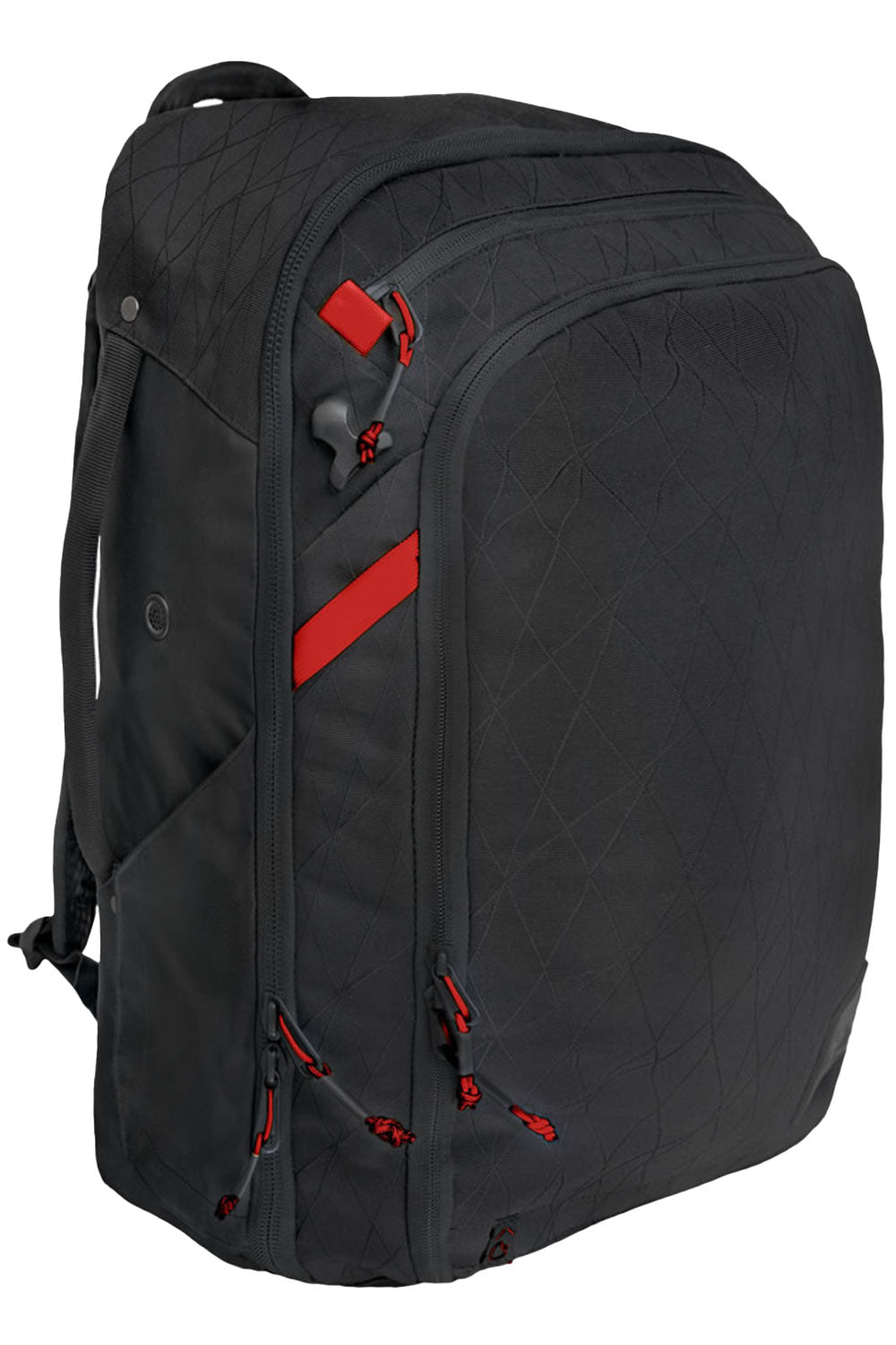 Black backpack with red accents on a white background