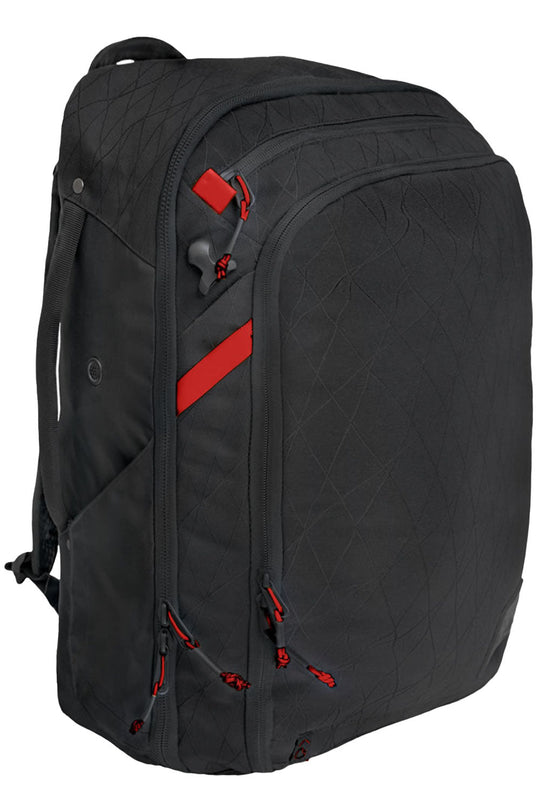 Black backpack with red accents on a white background