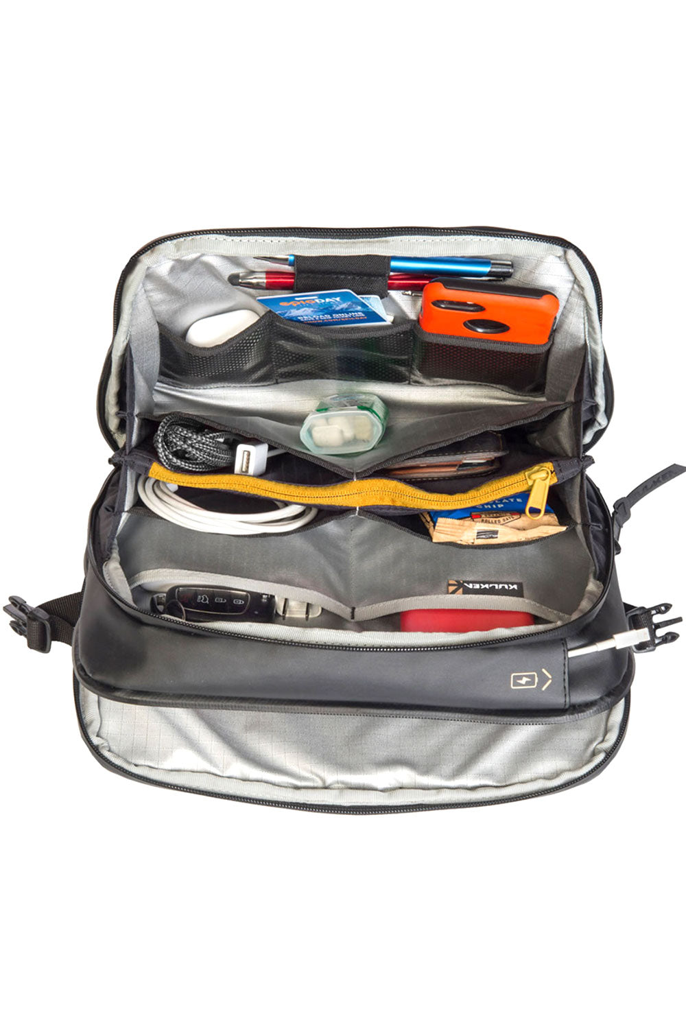 backpack compartments with items