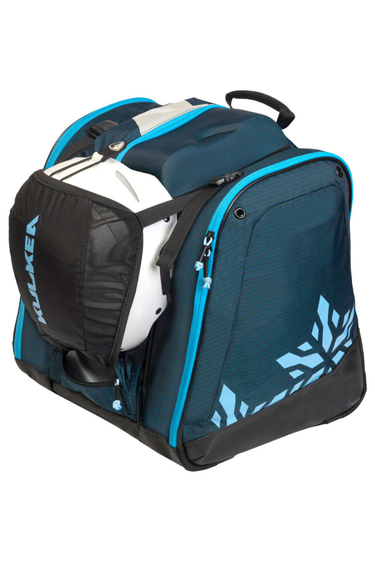 ski boot backpack with helmet on outside