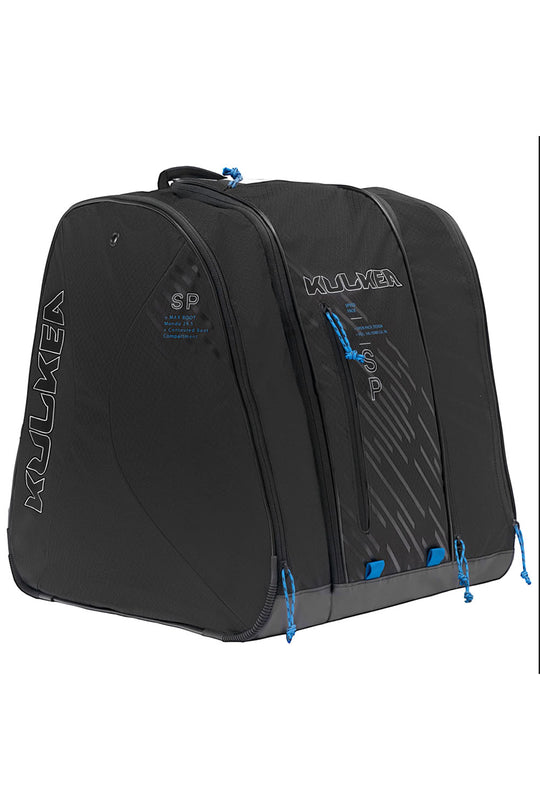 Black ski boot bag with blue zippers on a white background