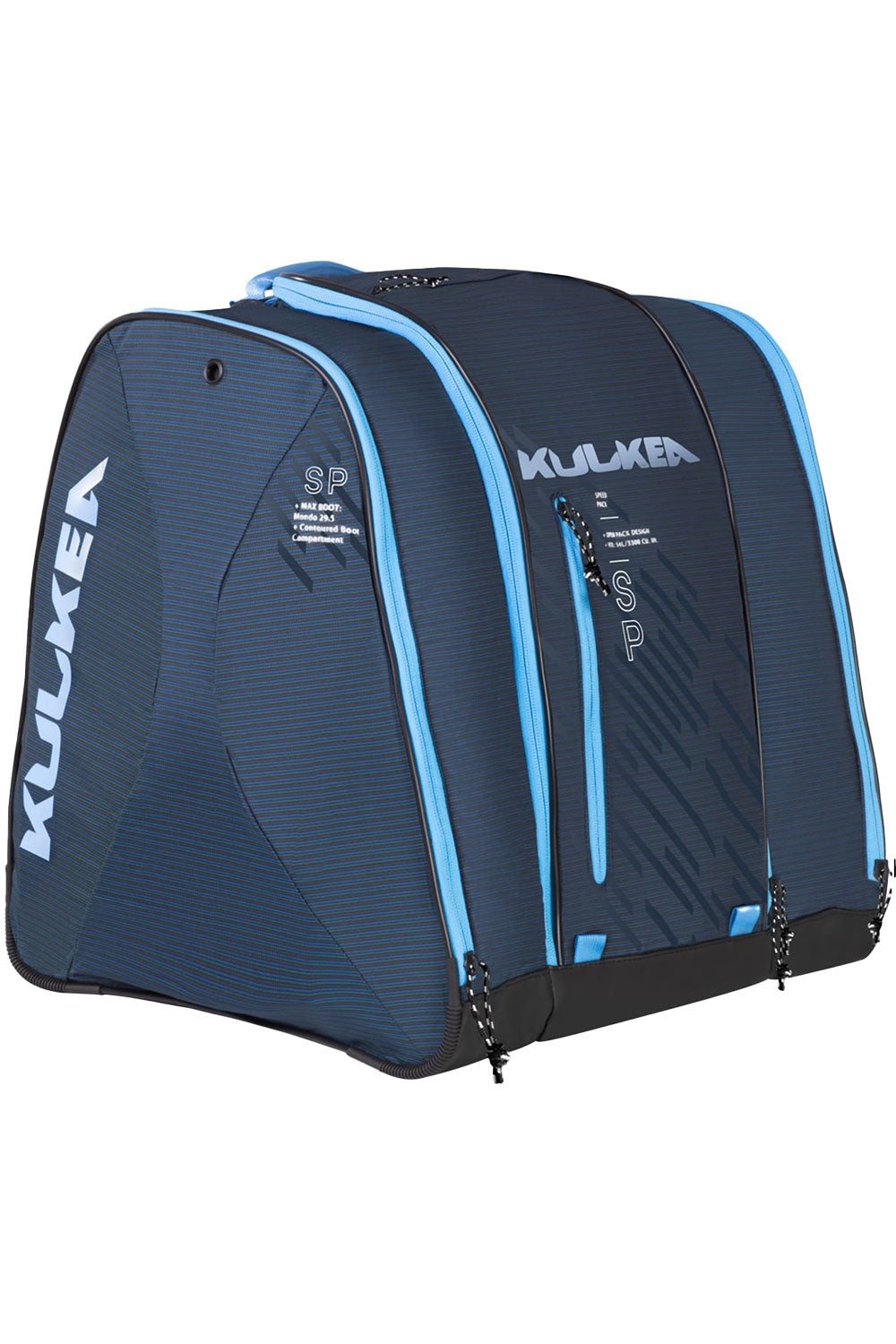 Blue and black ski boot bag with 'Kulkea' branding on a white background