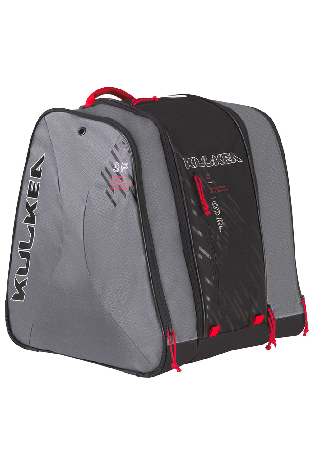 Gray and black ski boot bag with red accents and 'Kulkea' branding on a white background