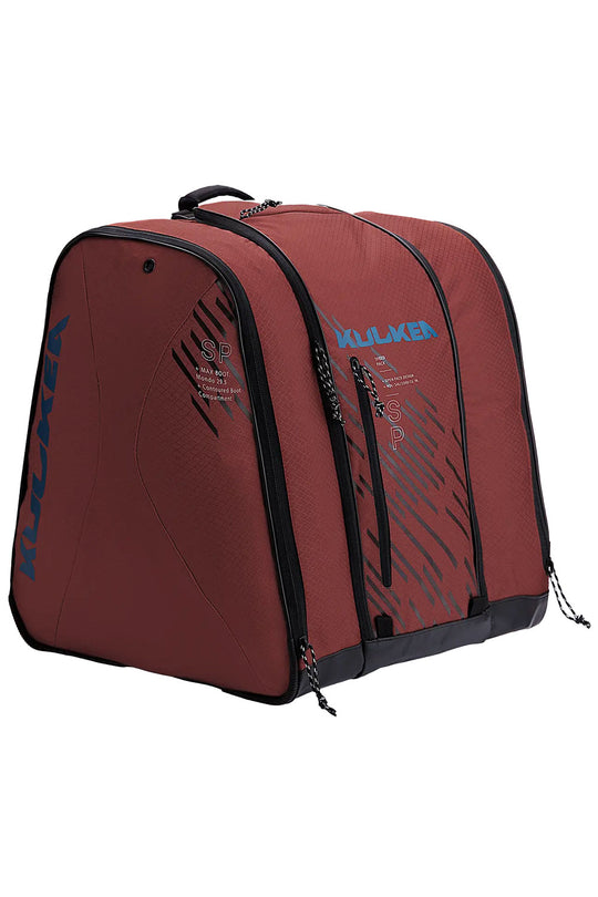 Red and black ski boot bag with blue branding on a white background