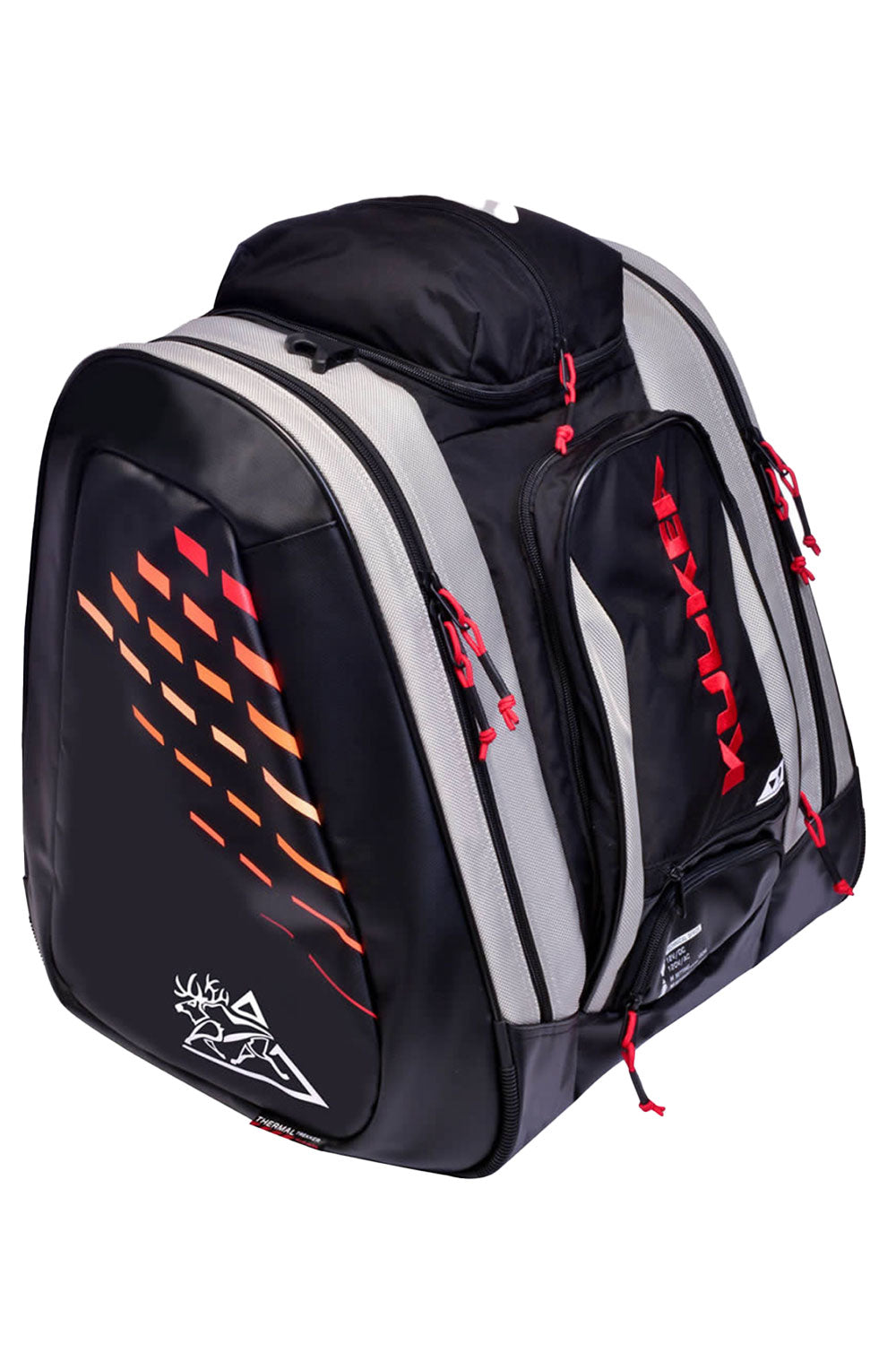 Black, gray, and red ski boot backpack with visible branding on a white background