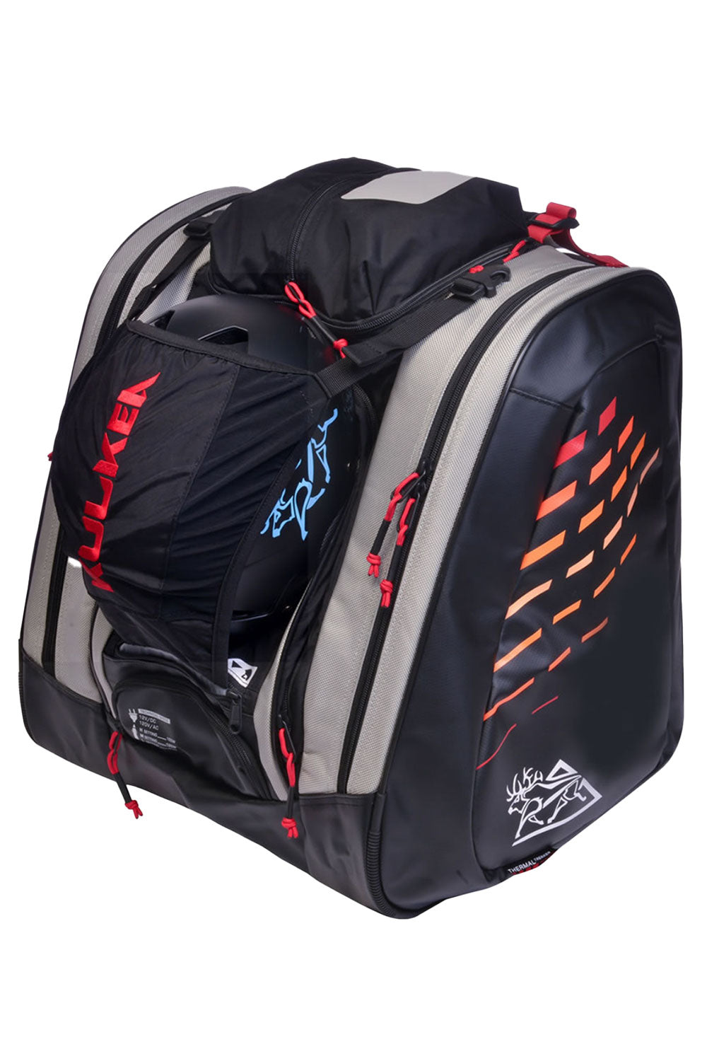 Black and gray ski boot backpack with red accents on a white background