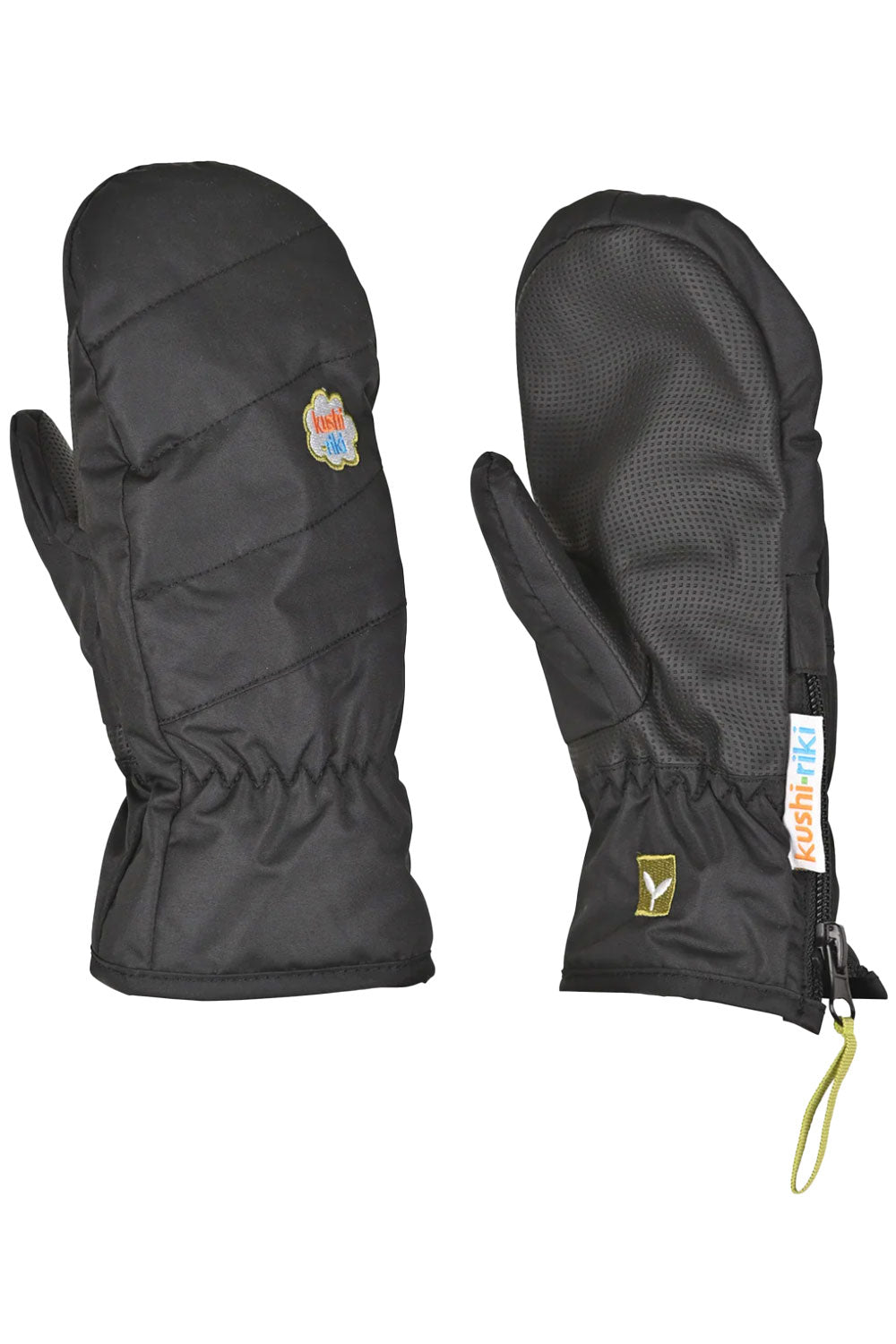 Pair of black mittens with visible brand logos on a white background