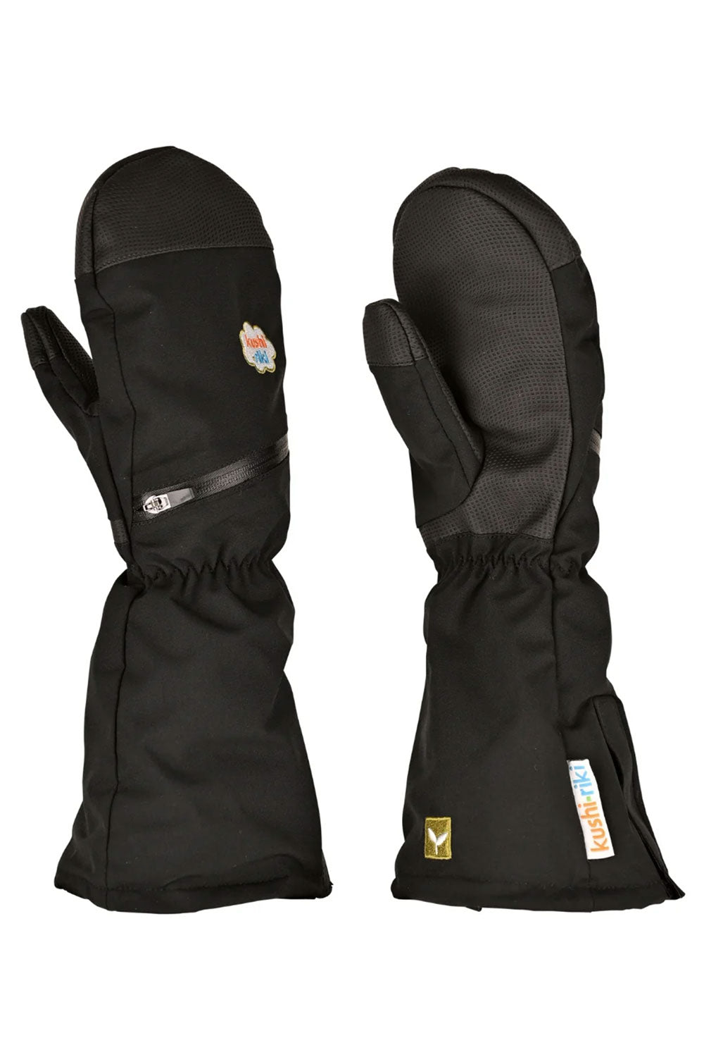 Pair of black gloves with visible brand logos on a white background