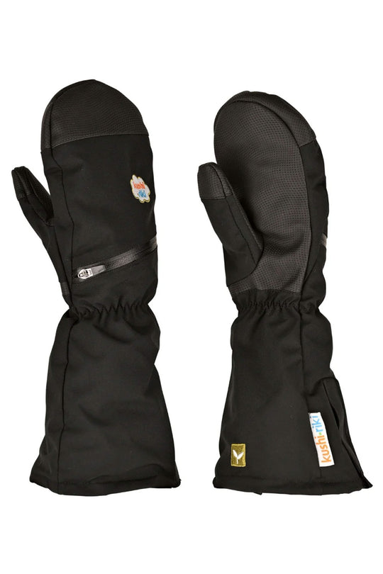 Pair of black gloves with visible brand logos on a white background