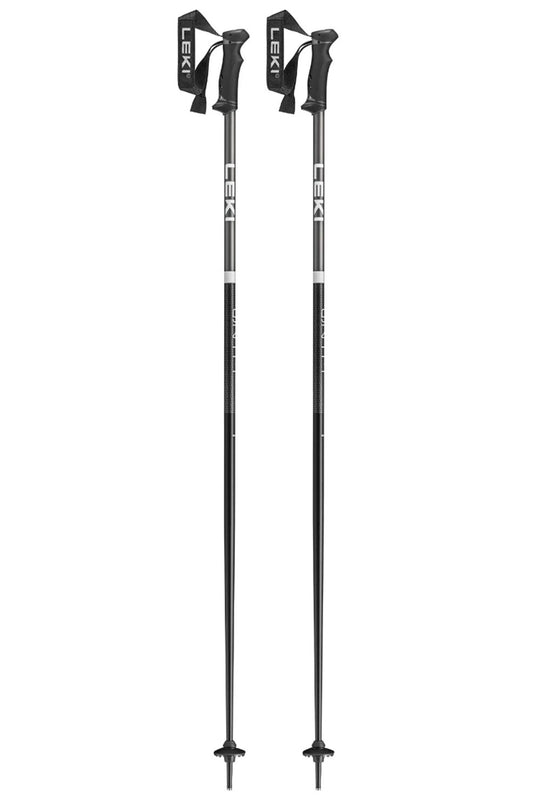 Two black ski poles with Leki branding on a white background