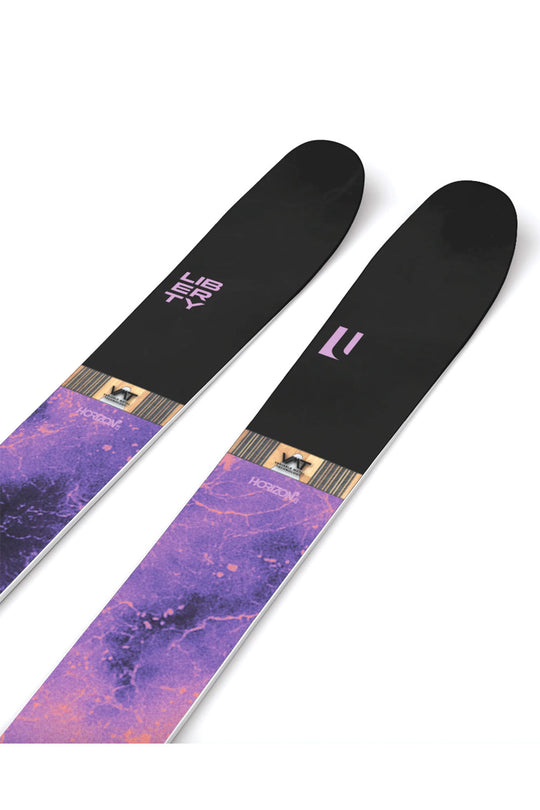 Pair of skis with purple and black design on a white background
