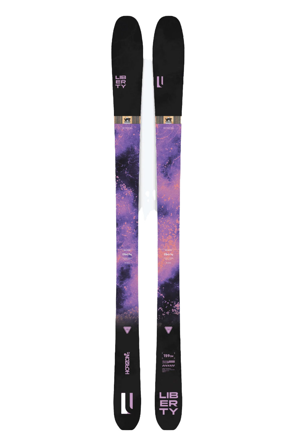 Pair of skis with a purple and black design on a white background