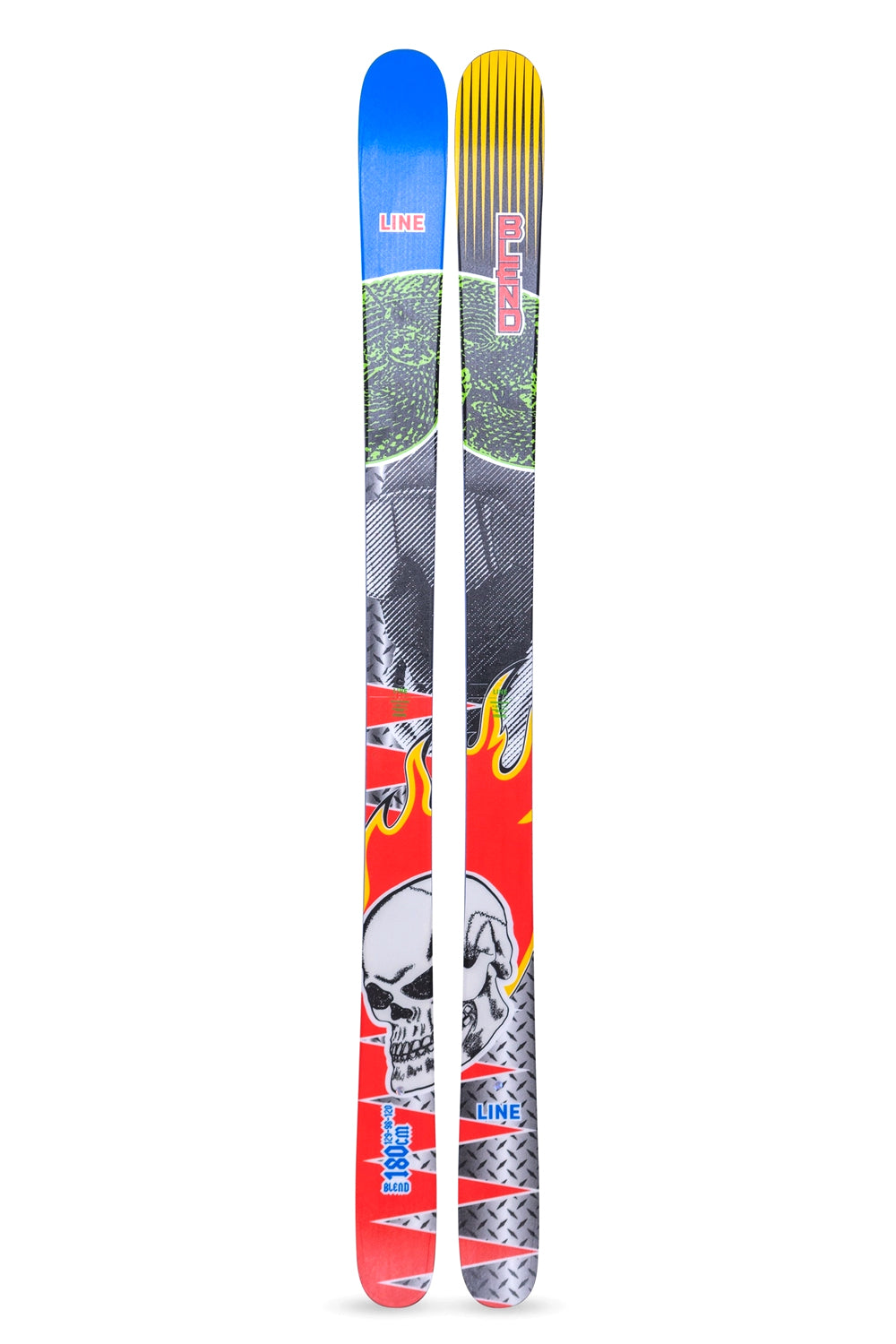 Two colorful skis with graphic designs on a white background