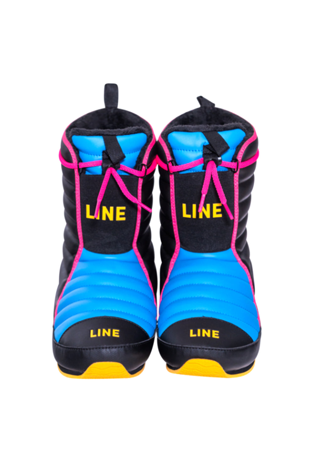 Pair of blue and black puffy snow boots with pink accents and 'LINE' branding on a white background.