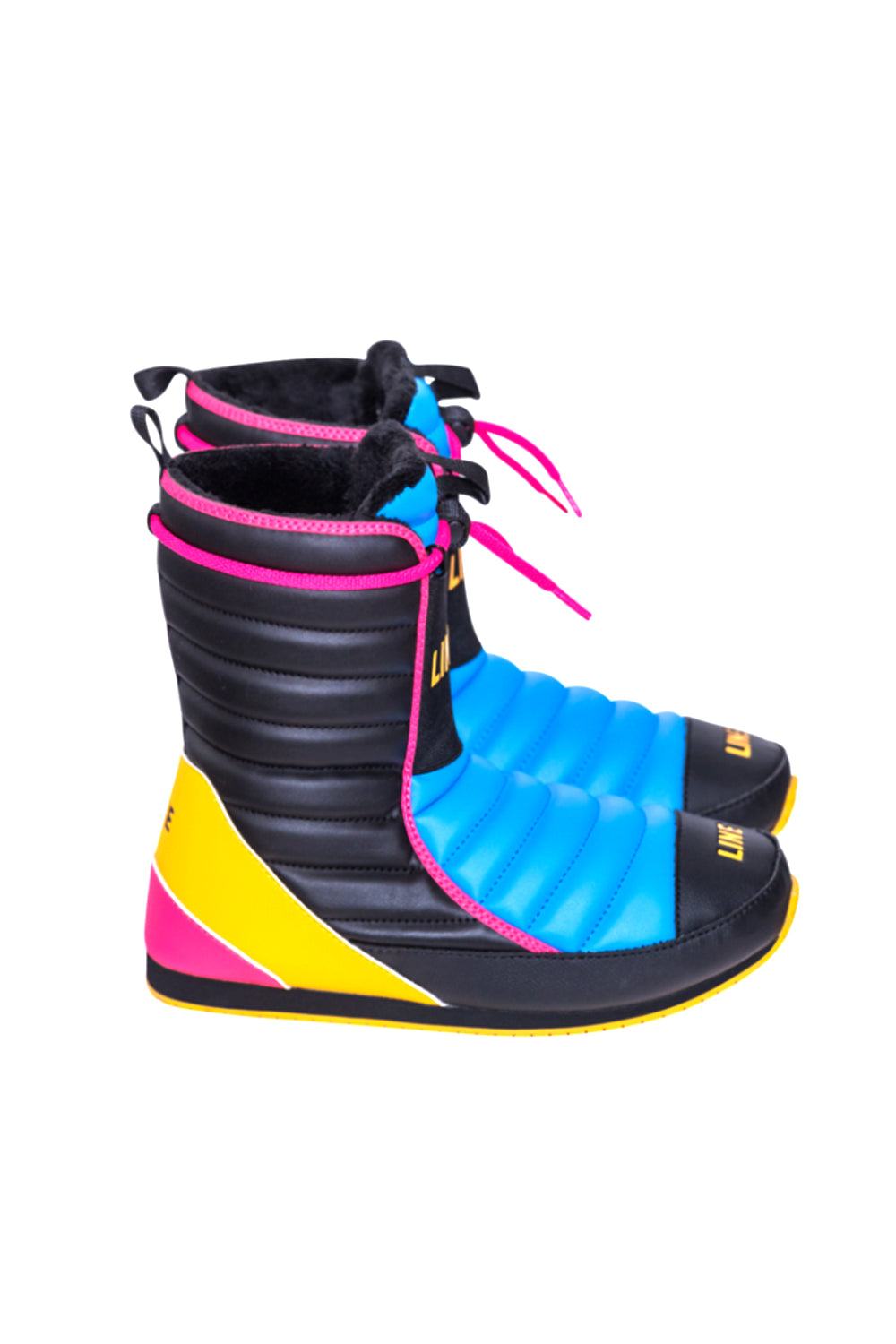 Colorful snow boots with black, blue, pink, and yellow design on a white background