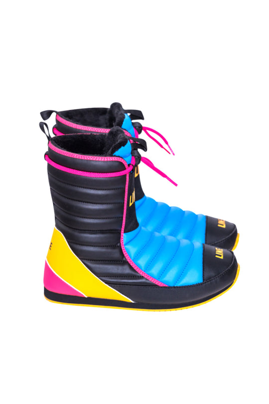 Colorful snow boots with black, blue, pink, and yellow design on a white background