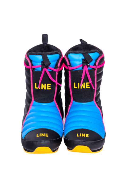 Pair of blue and black puffy snow boots with pink accents and 'LINE' branding on a white background.