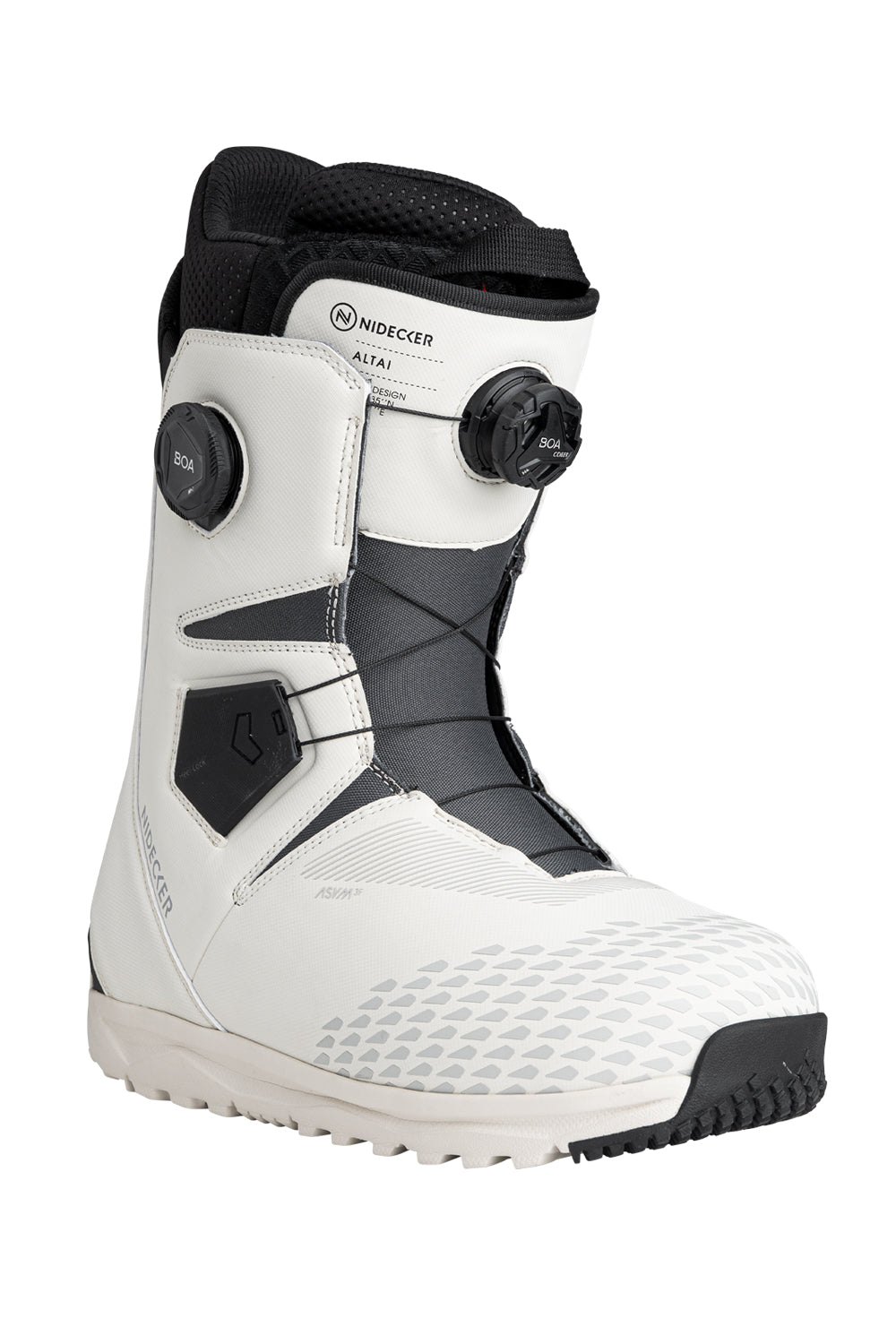 men's Nidecker snoboard boots, white with black accents and BOA lacing system