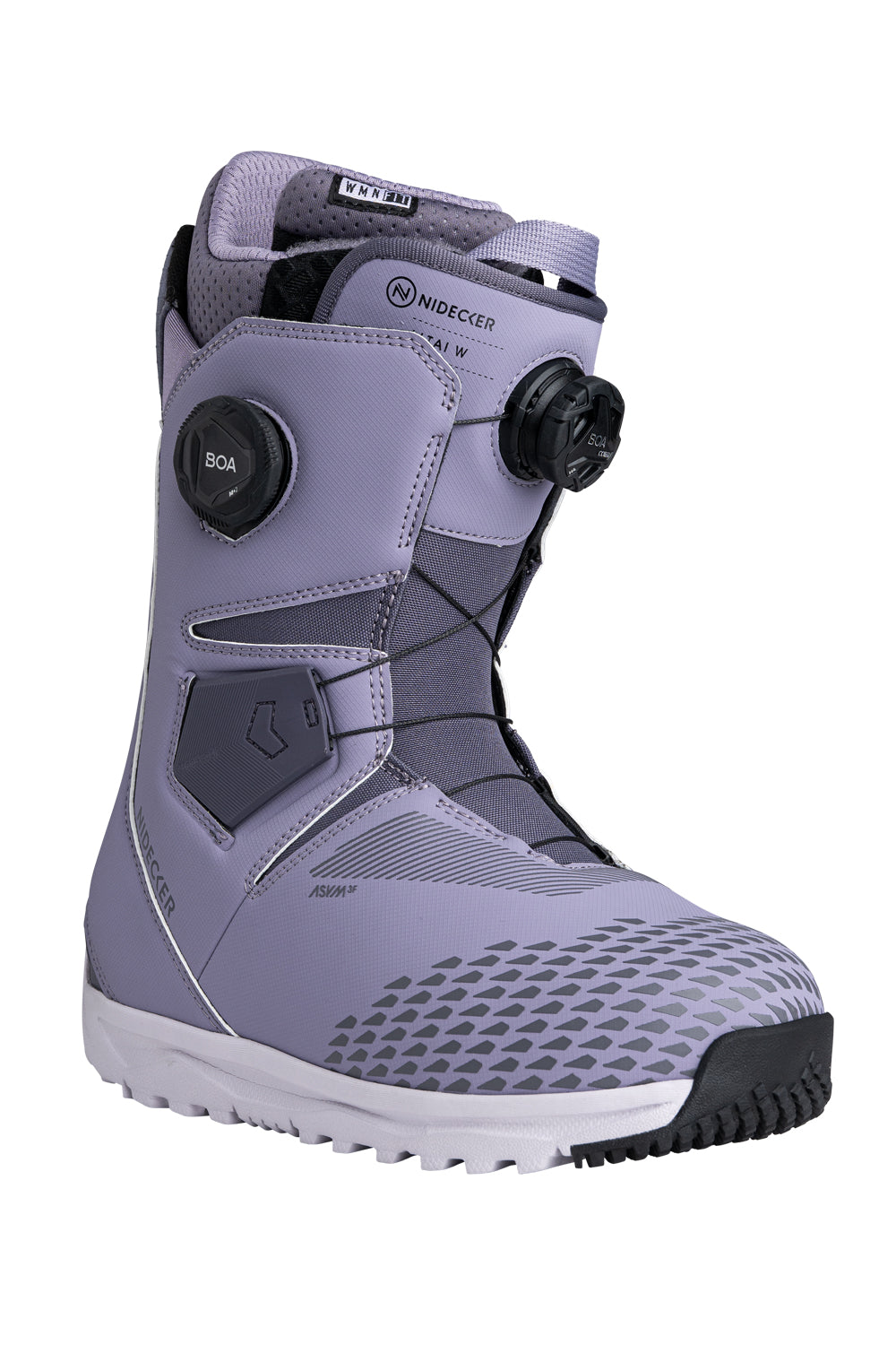 women's Nidecker Altai snowboard boots, lilac purple with black accents and BOA lacing system