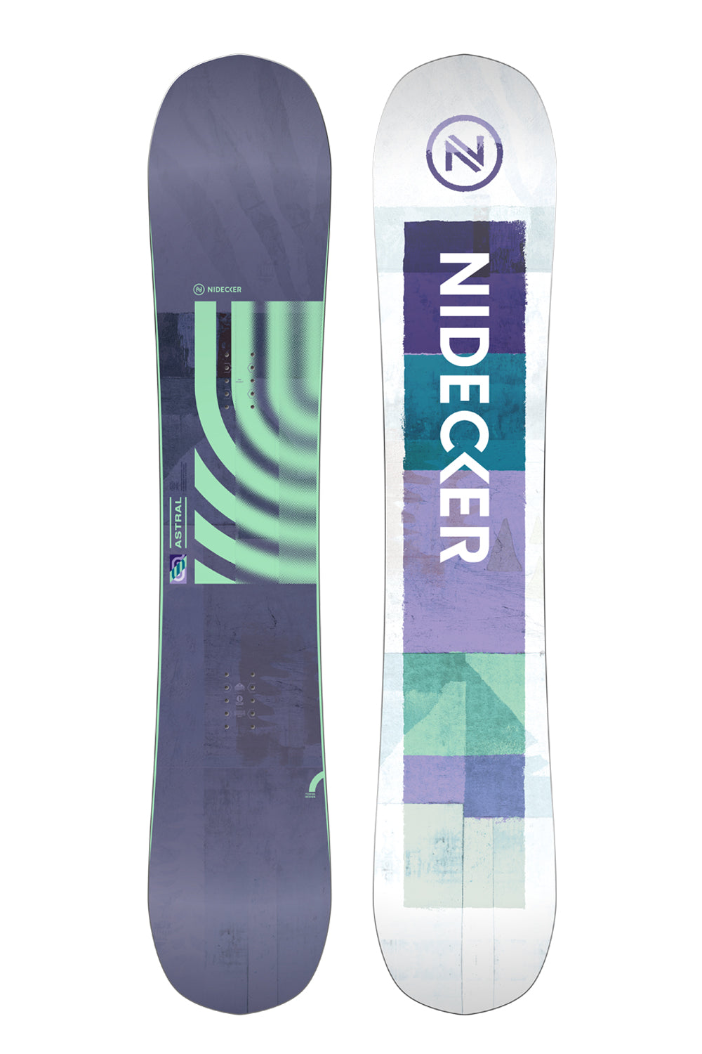 women's Nidecker Altai snowboard, white, purple & mint green colorblock pattern