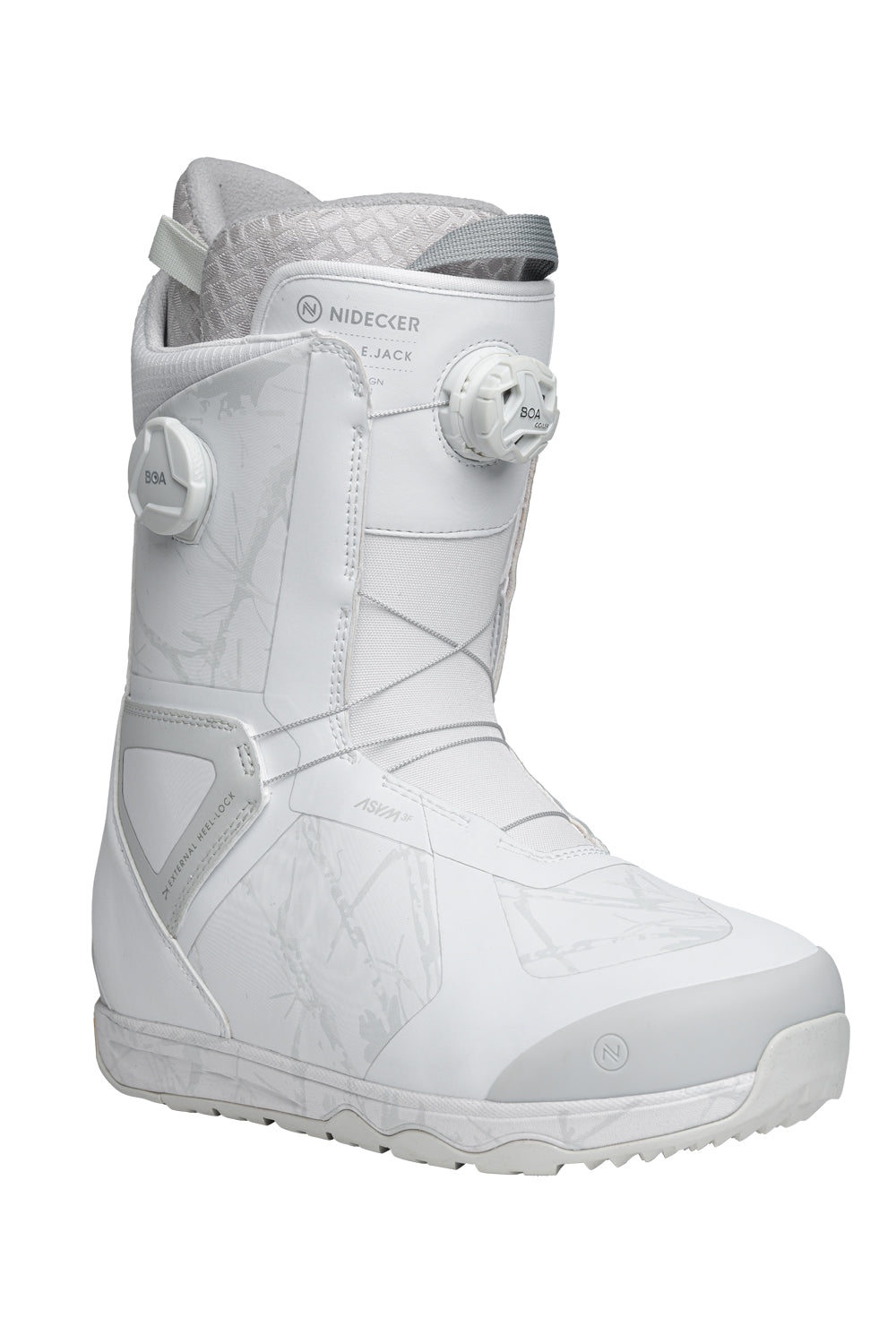 White Nidecker snowboard boot with gray accents on a white background