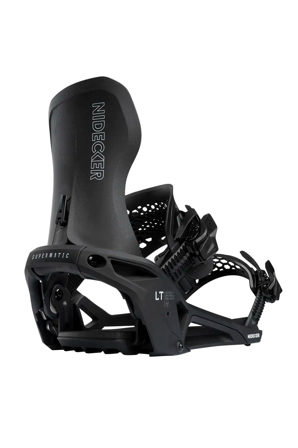Black snowboard binding with Nidecker branding on a white background