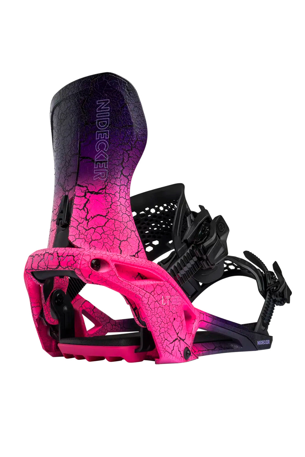 Pink and black snowboard binding with 'Nidecker' branding on a white background