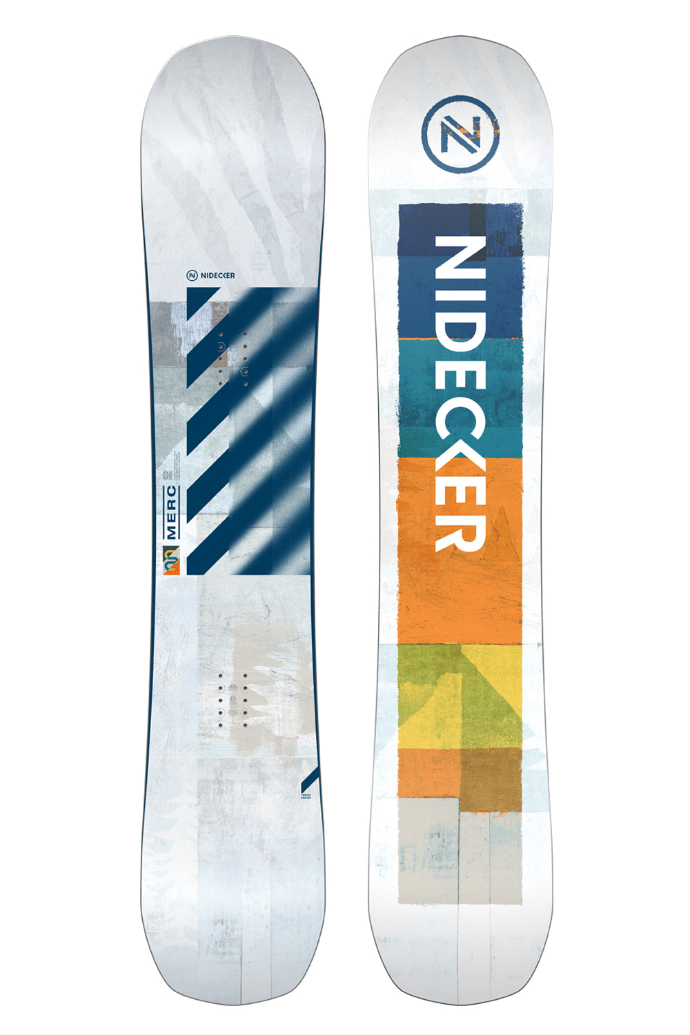 Nidecker snowboard deck with colorful design on a white background