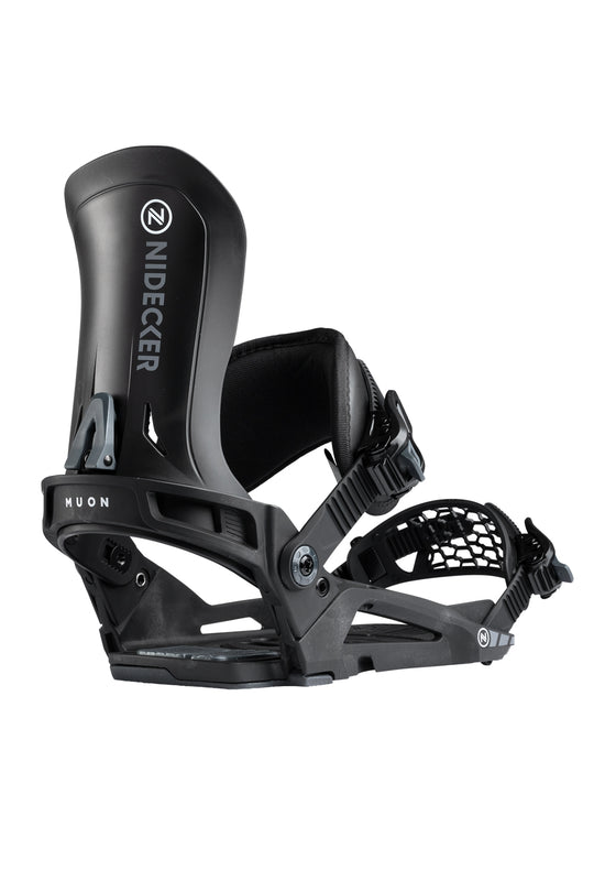 Black Nidecker snowboard binding on a white background